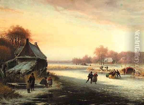 Winterfun skaters on the ice Oil Painting - Cornelis Kimmel