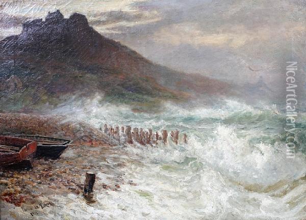 Coastal Scene With Castle - Thought To Bebamburgh Castle Oil Painting - Thomas Marie Henry