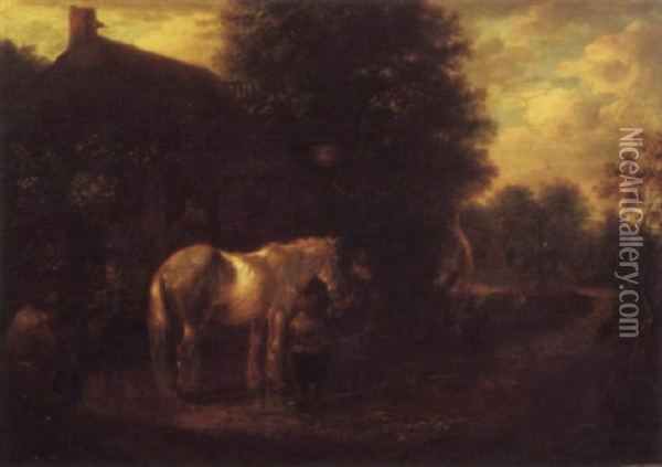 Peasants Feeding A Horse Outside A Cottage In A Wooded Landscape Oil Painting - Isaac Van Ostade