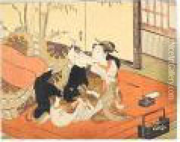 A Man Attempting To Undo A Shinzo's Kimono Oil Painting - Suzuki Harunobu