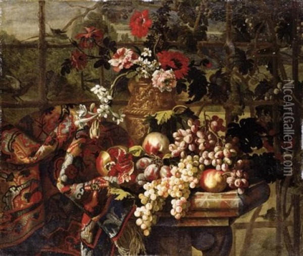 Still Life Of Various Flowers In A Bronze Urn, Together With Pomegranates, Grapes, Pears And Plums On A Marble Table Draped With A Carpet Oil Painting - Jean-Baptiste Belin de Fontenay the Elder