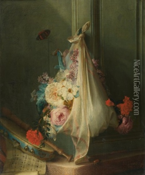 Bouquet De Fleurs, Tambourin Et Flute Oil Painting - Jean Jacques Prevost the Elder