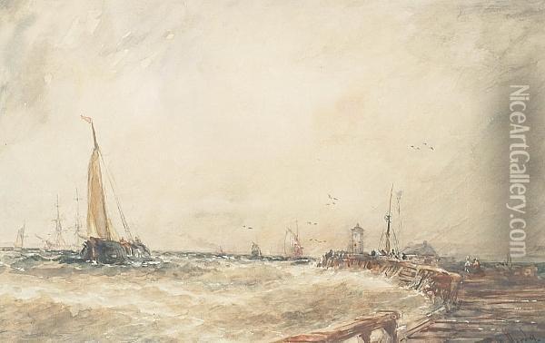 Boats Off A Jetty Oil Painting - Thomas Bush Hardy