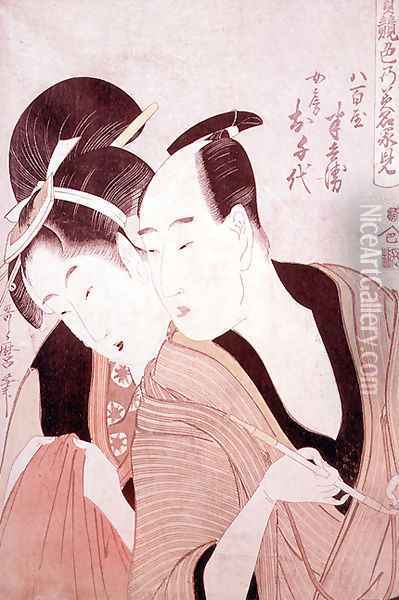 The Lovers Hambei and Ochie, from a series An Array of Passionate Lovers, 1797-98 Oil Painting - Kitagawa Utamaro