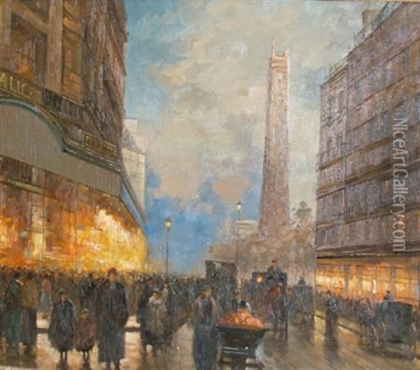 Paris Street Scene At Night Oil Painting - Paul Renard