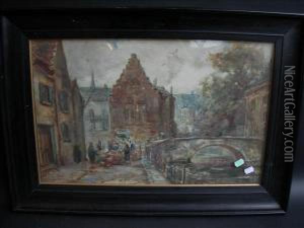 Continental Market Scene Watercolour Signed Lower Left 39cm X 60cm Oil Painting - Thomas William Morley