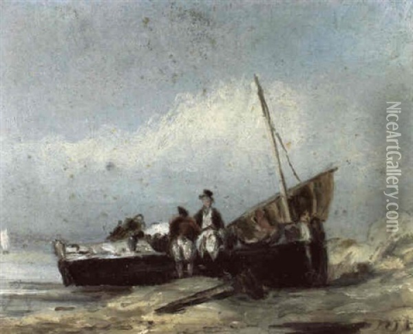 Barque Echouee Sur La Plage Et Deux Personnages Oil Painting - James Ensor
