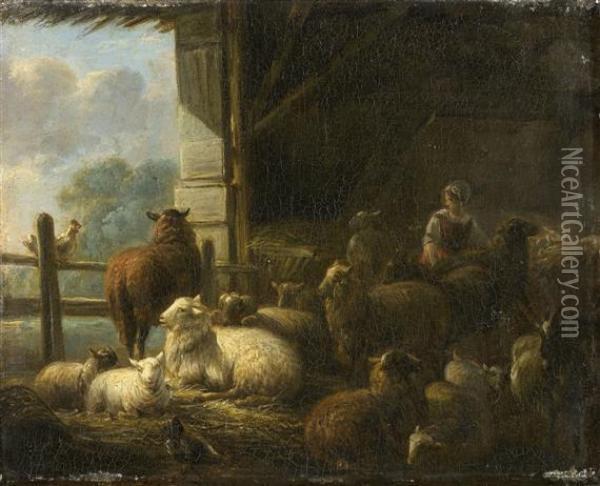 Sheep In The Barn Oil Painting - Albert Heinrich Brendel