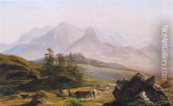 Herder With His Cattle In An Extensive Mountain Landscape Oil Painting - Jean Francois Xavier Roffiaen