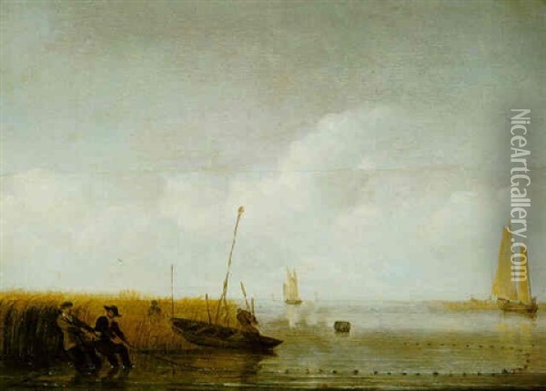 An Estuary Scene With Fishermen Trawling Their Nets, Others Boating Beyond Oil Painting - Hendrik Jacobsz Dubbels