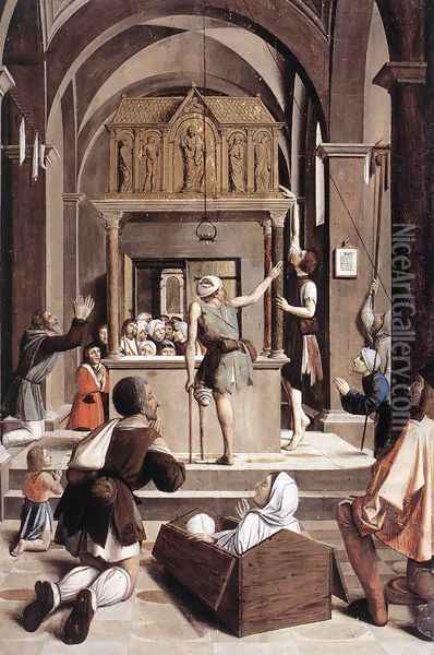 Pilgrims at the Tomb of St Sebastian 1497 Oil Painting - Josse Lieferinxe