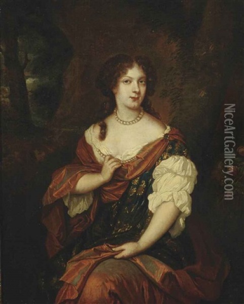 Portrait Of A Lady, Three-quarter-length, In A Richly Embroidered Dress With White Sleeves And A Shot Silk Wrap, Wearing Pearls, Seated In A Wooded Landscape Oil Painting - Caspar Netscher