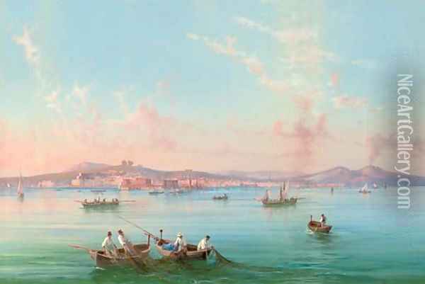 Hauling in the nets in the Bay of Naples, Vesuvius beyond Oil Painting - Gioacchino Lapira