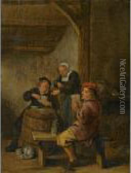 Tavern Interior With Peasants Playing Cards Oil Painting - Jan Miense Molenaer