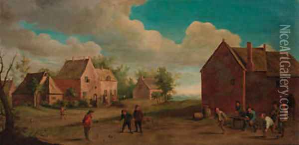 Peasants playing skittles in a village Oil Painting - David The Younger Teniers