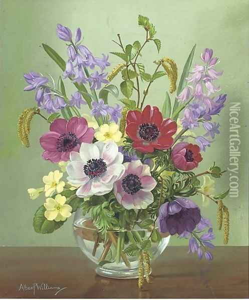 Anenomes, bluebells, primroses and catkins in a glass bowl Oil Painting - Alfred Walter Williams