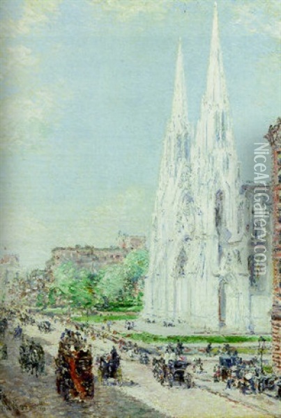 The Cathedral And Fifth Avenue In June Oil Painting - Childe Hassam