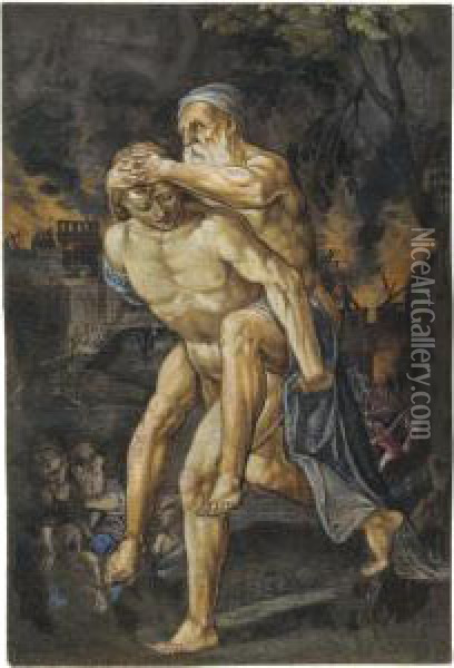 Aeneas Saving Anchises From Burning Troy Oil Painting - Adam Elsheimer
