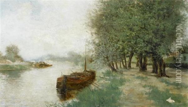 Canal Landscape With Small Boat Oil Painting - Alexandre Desgoffe