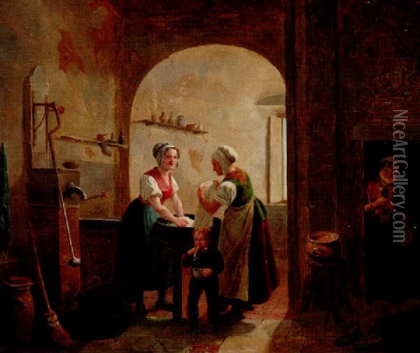 Washerwomen In A Sunlit Basement With A Young Boy Blowing Bubbles Oil Painting - Constantinus-Fidelio Coene