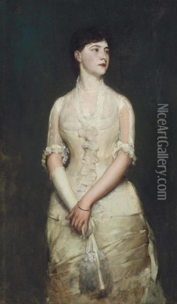 Portrait Of Miss Blood (woman In A Satin Gown) Oil Painting - Frank Duveneck