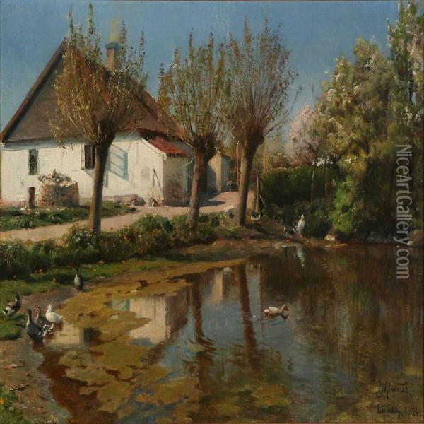 At The Village With Apond In Lundby Oil Painting - Peder Mork Monsted