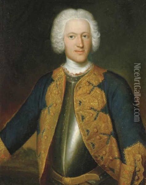 Portrait Of A Gentleman (prince D'anhalt?), Three-quarter-length, In Armor And A Blue Coat With Gold Embroidery Oil Painting - Georg Lisiewski