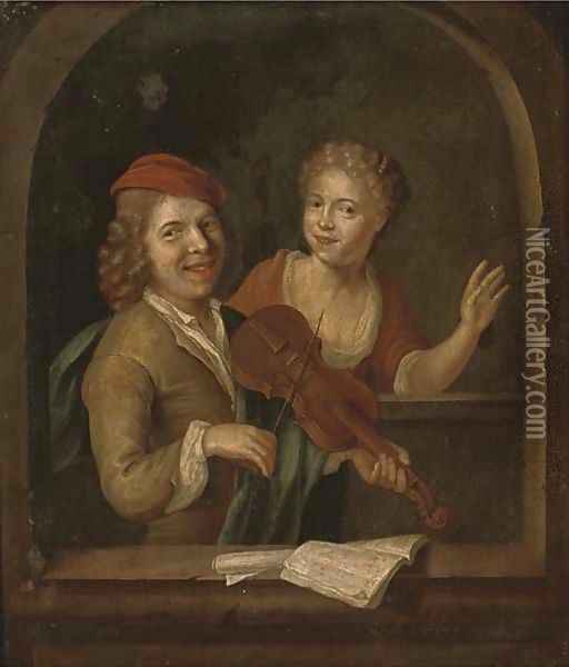 A couple at a casement, the gentleman playing the violin Oil Painting - Jacob Toorenvliet