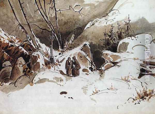 Alpine Pass in Winter with Monks Oil Painting - Karl Blechen