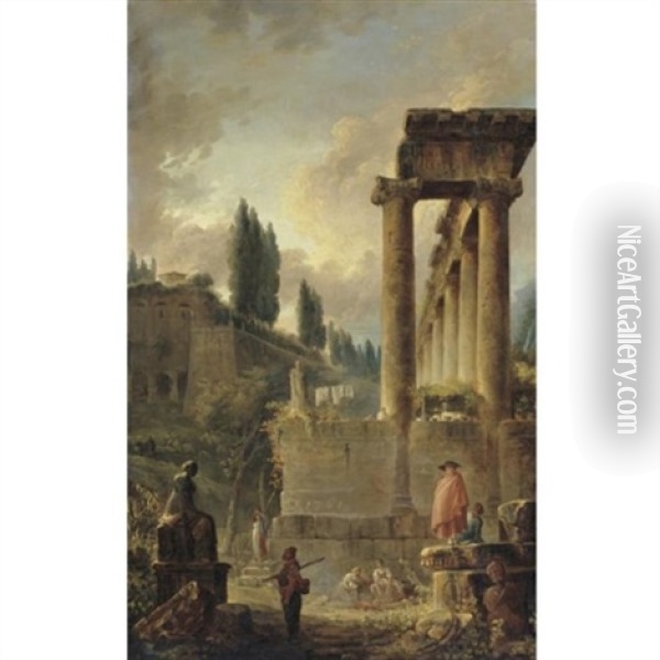 Figures Among Ruins, Including An Ancient Colonnade, With A Row Of Poplars In The Distance Oil Painting - Hubert Robert