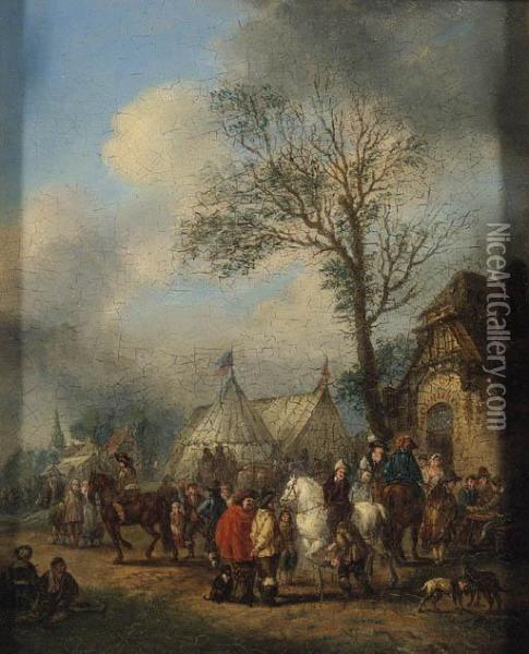 An Elegant Hunting Party About To Depart; And Horsemen And Otherfigures Before An Inn Oil Painting - Carel van Falens or Valens