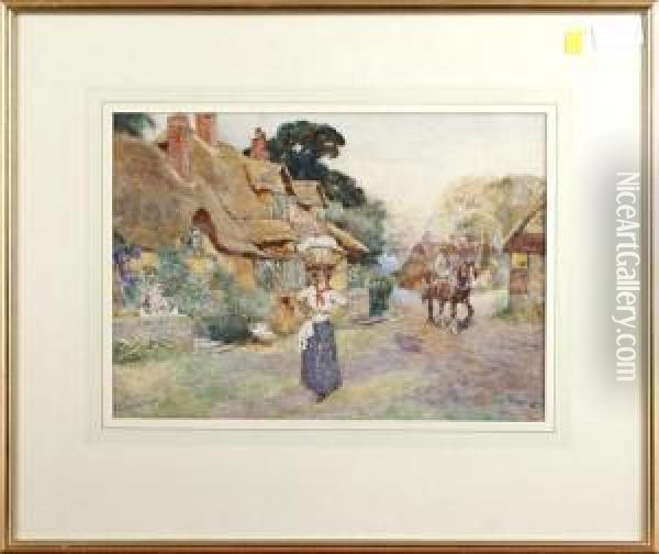 Village Landscape With Washerwoman Oil Painting - David Woodlock
