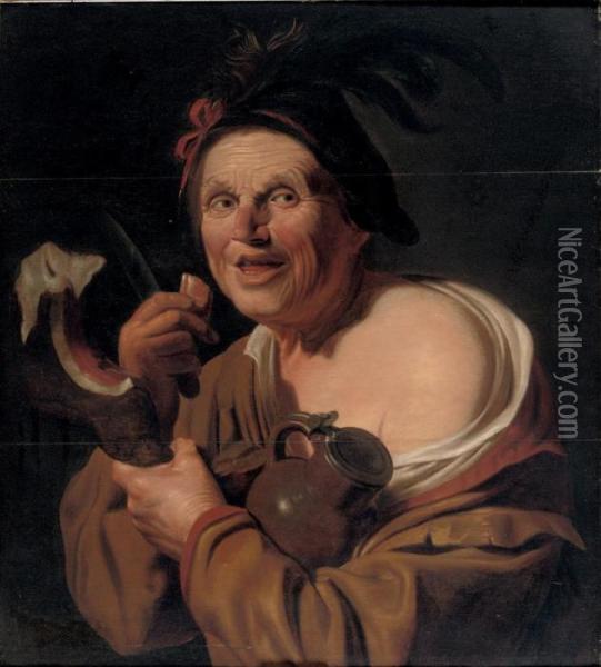 A Man Eating A Slice Of Ham And Holding A Jug Oil Painting - Gerrit Van Honthorst