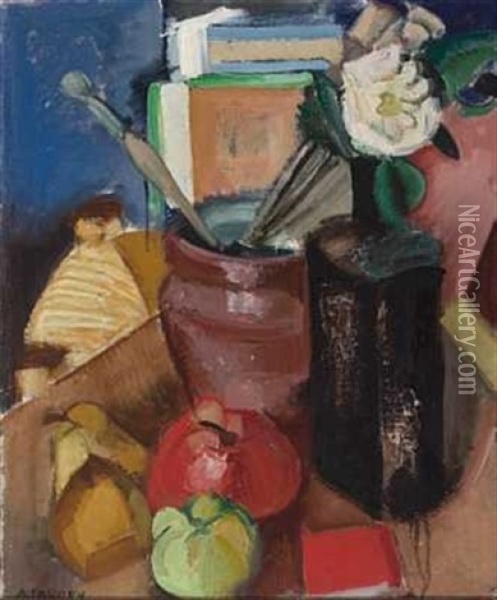 Stilleben Med Frukt, Pensler Og Blomster Oil Painting - Andre Favory