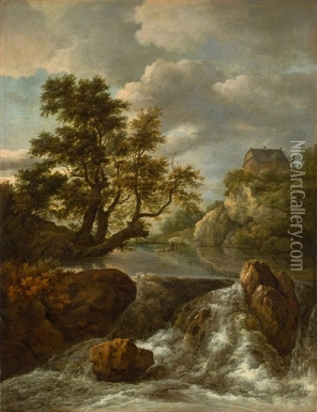 Waterfall With A Half-timbered House On A Rocky Outcrop Oil Painting - Jacob Van Ruisdael
