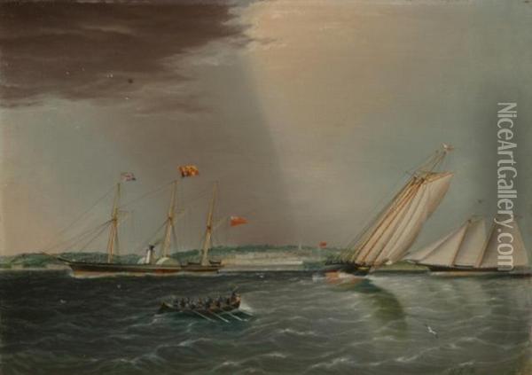 Untitled View Of Match Race Between Schooner Yachts Oil Painting - James E. Buttersworth