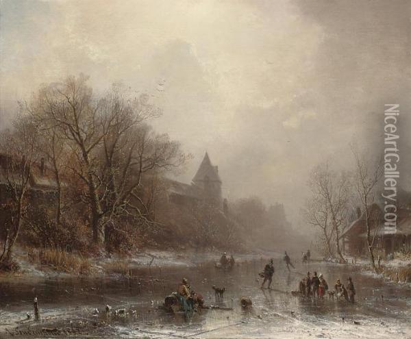 Skaters In A Winter Landscape Oil Painting - Adolf Stademann