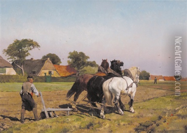 Ploegende Boer Oil Painting - Frans Van Leemputten