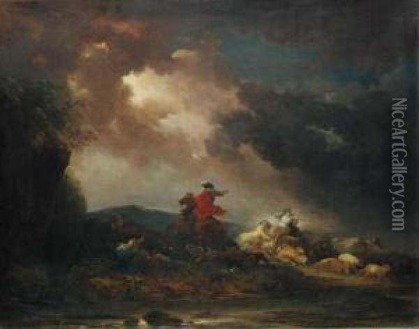 A Stormy Landscape With A 
Horseman And A Woman Riding An Ox, By Ariver; A Stormy Landscape With A 
Wagon And Horses Bolting Into Ariver Oil Painting - Francesco Giuseppe Casanova