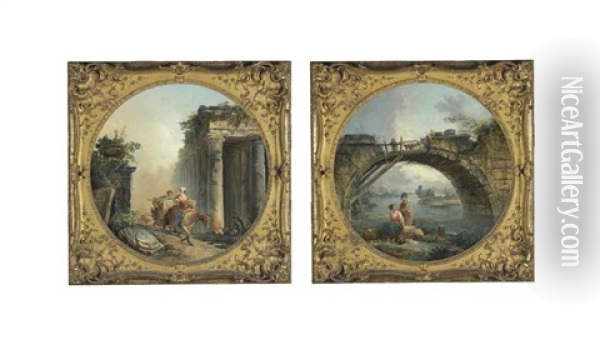 The Ruins (+ The Old Bridge; Pair) Oil Painting - Hubert Robert