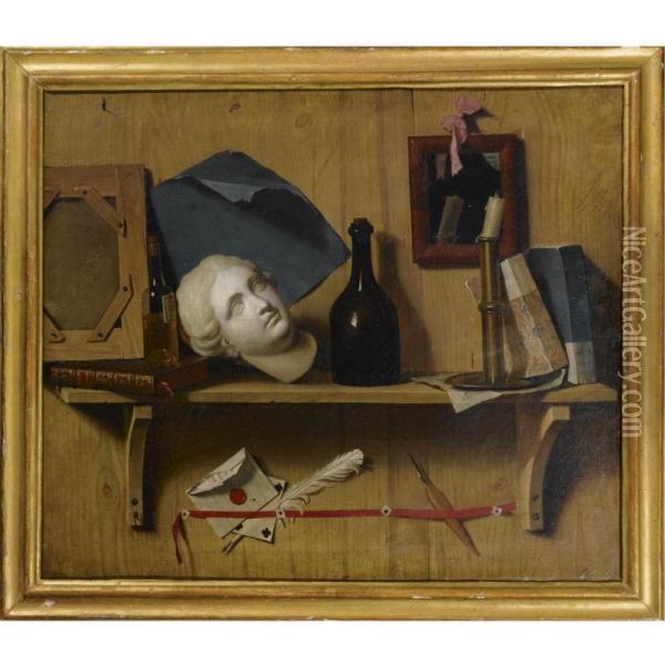 A Still Life With A Plaster Head, A Bottle, A Candle And Several Other Objects On A Wooden Shelf Oil Painting - Thomas Germain Duvivier