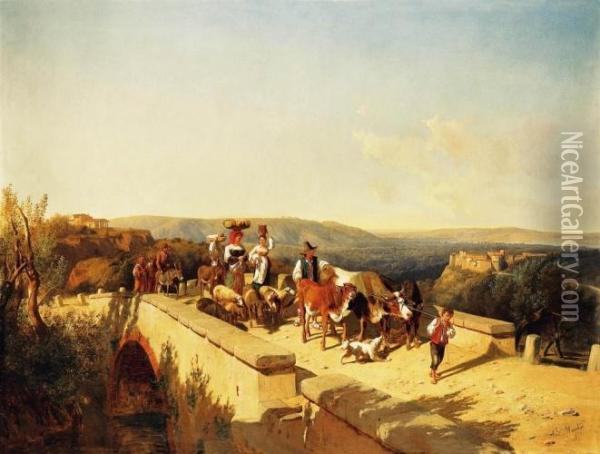 Italian Family Crossing A Bridge In An Italian Landscape,1871 Oil Painting - Andras Markos