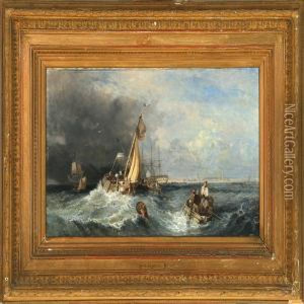Marine With A Dutch Cuff And Other Ships In Heavy Sea Oil Painting - John Knighton Thomson