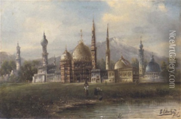 View Of A Mosque With Figures By A Pond In The Foreground Oil Painting - Frederick Gilbert