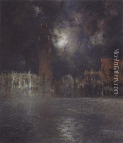 Piazza San Marco Mit Dogenpalast Bei Heller Mondnacht Oil Painting - Karl Leipold