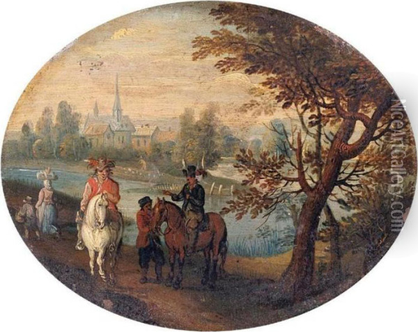 Travelers On A Path Along A River Oil Painting - Joseph van Bredael