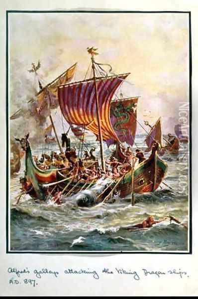 Alfreds galleys attacking the Viking Dragon ships, 897 AD, illustration from Hutchisons Story of the British Nation, c.1920 Oil Painting - Henry A. (Harry) Payne