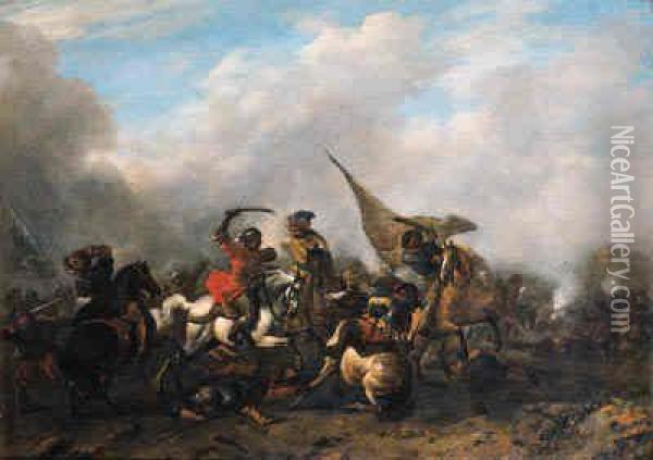 A Cavalry Skirmish Oil Painting - Pieter Wouwermans or Wouwerman