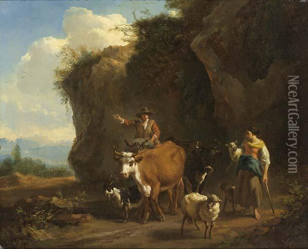 Shepherds With Their Flock In An Italian Rocky Landscape Oil Painting - Nicolaes Berchem