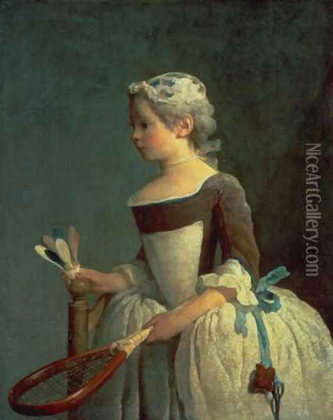 Girl with Racket and Shuttlecock Oil Painting - Jean-Baptiste-Simeon Chardin